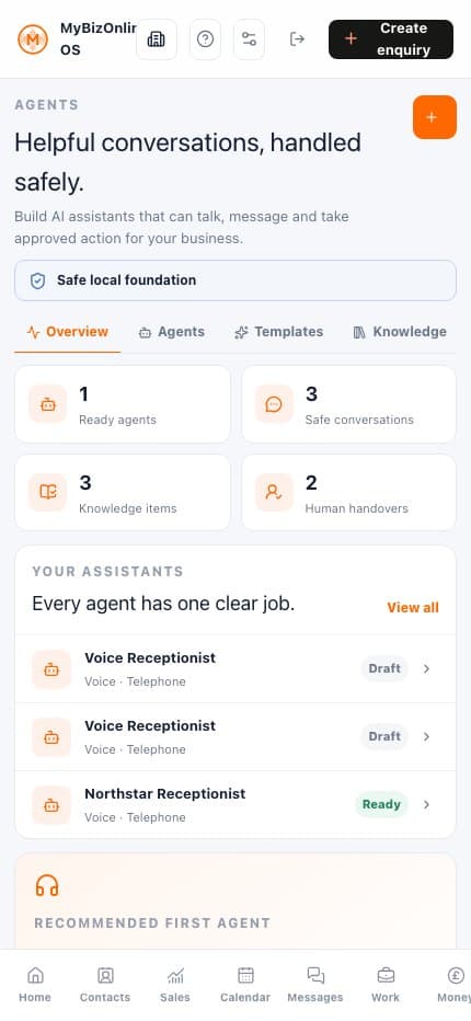 MyBizOnline OS mobile Agents view showing fictional governed roles and human handover controls.