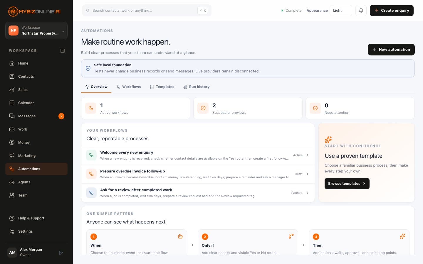 MyBizOnline OS Automations workspace showing a fictional guided workflow definition.