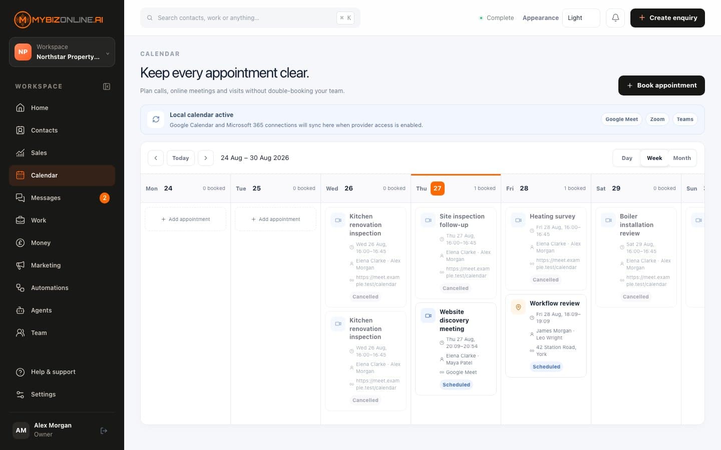 MyBizOnline OS Calendar showing fictional service appointments and team activity.
