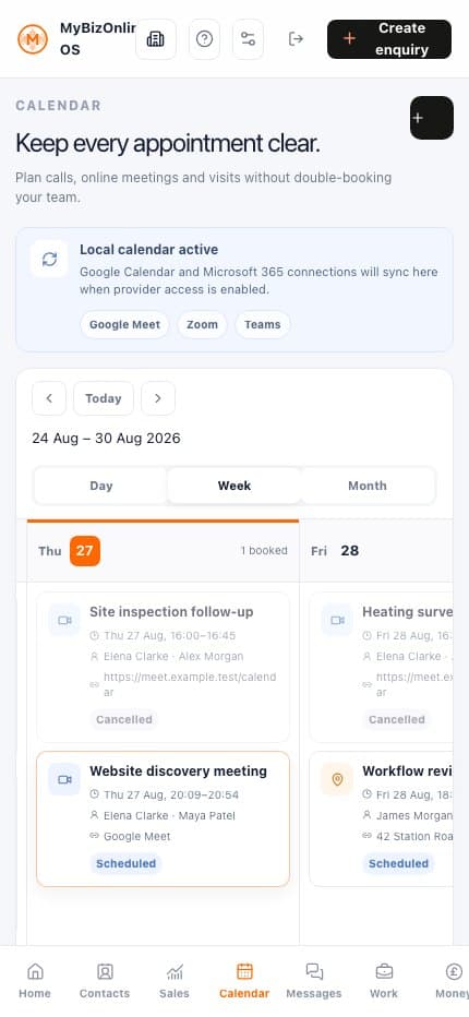MyBizOnline OS mobile Calendar showing fictional appointments and availability.