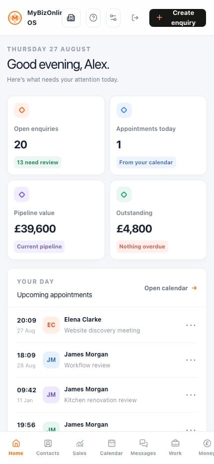 MyBizOnline OS mobile daily overview showing the same fictional business priorities.