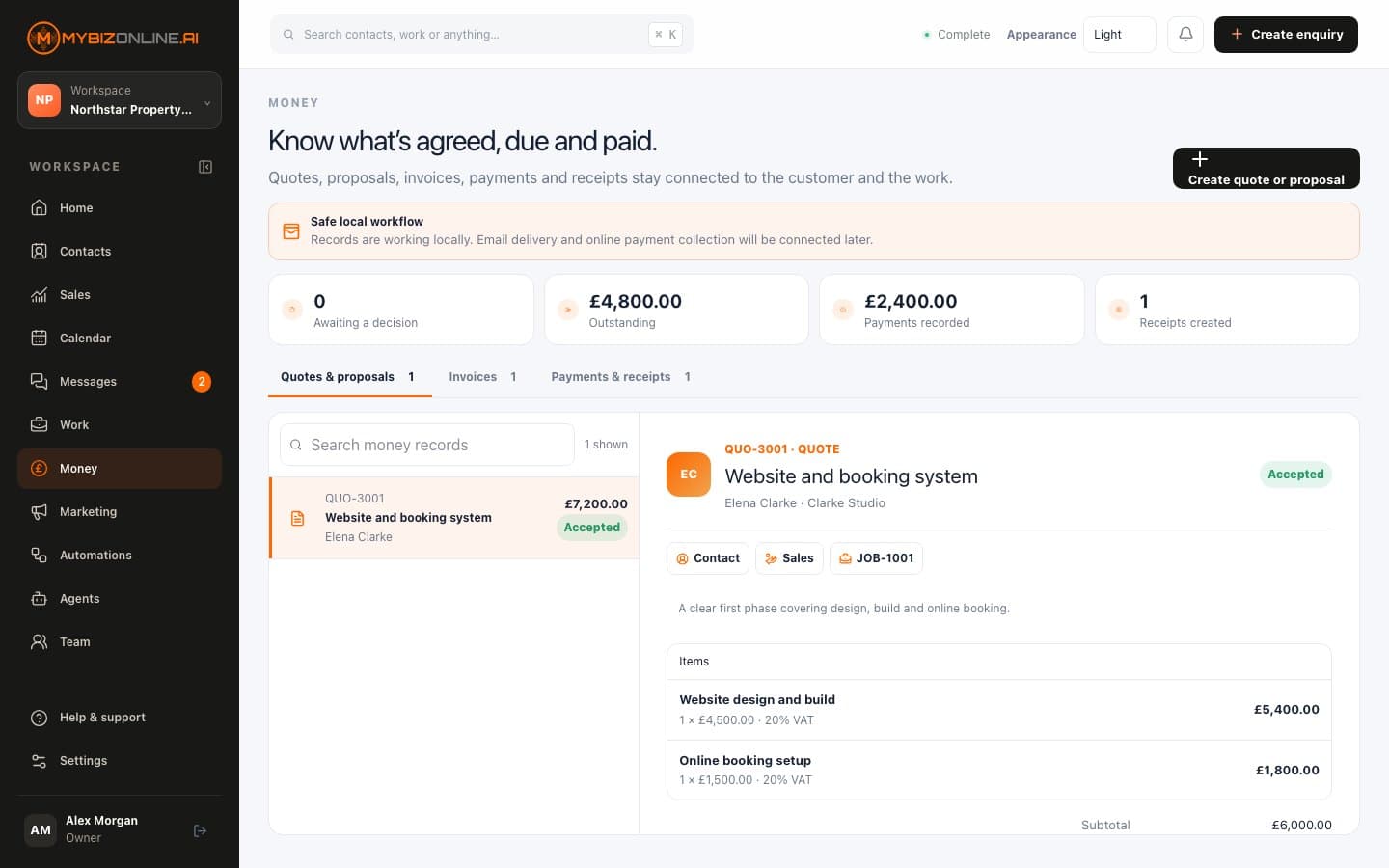 MyBizOnline OS money view linking a quote with its contact, opportunity and job.