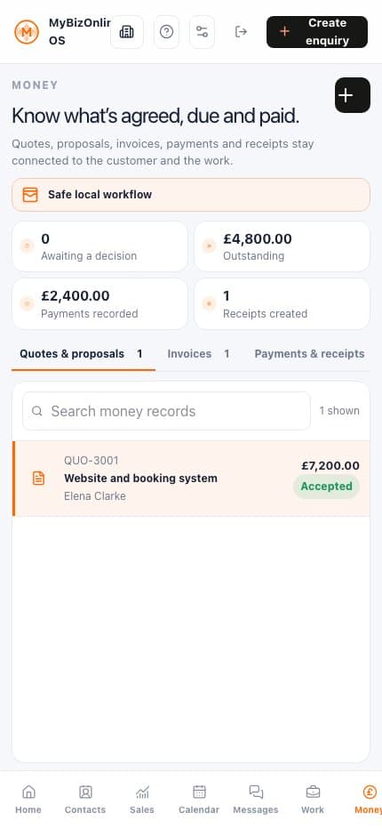 MyBizOnline OS mobile Money view showing fictional quotes, invoices and recorded payments.