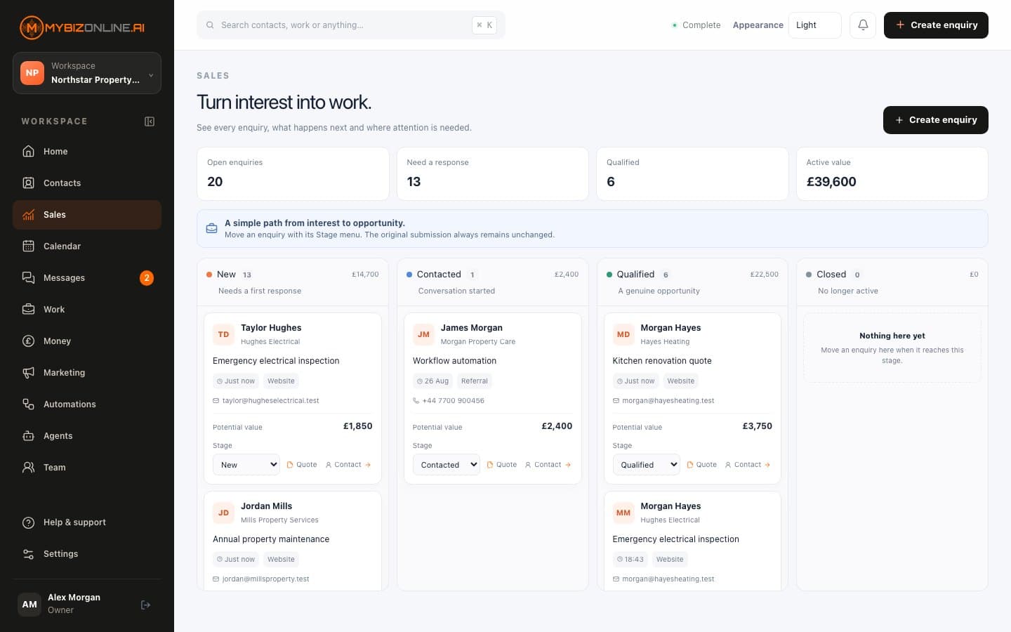 MyBizOnline OS Sales workspace showing fictional service-business opportunities organised by stage.