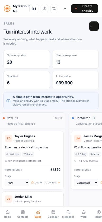 MyBizOnline OS mobile Sales view showing fictional opportunities and useful next actions.