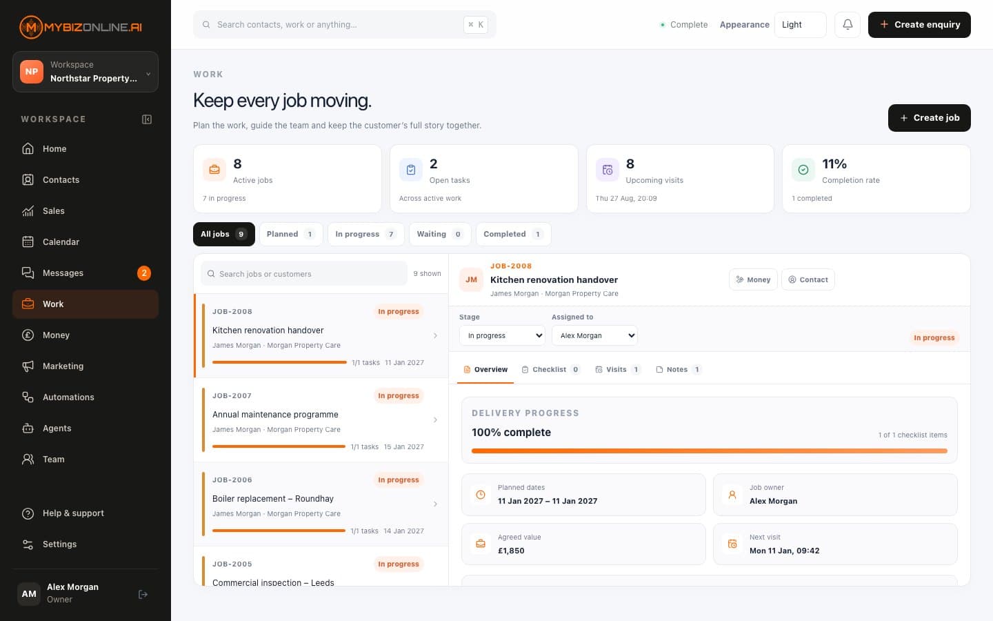 MyBizOnline OS Work area showing fictional jobs, visits and delivery progress.
