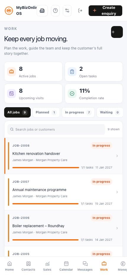 MyBizOnline OS mobile Work view showing fictional jobs, visits and delivery progress.