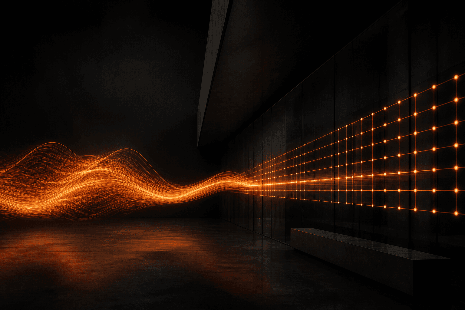 An expressive orange signal resolves into an ordered grid, representing a website connecting to business operations.