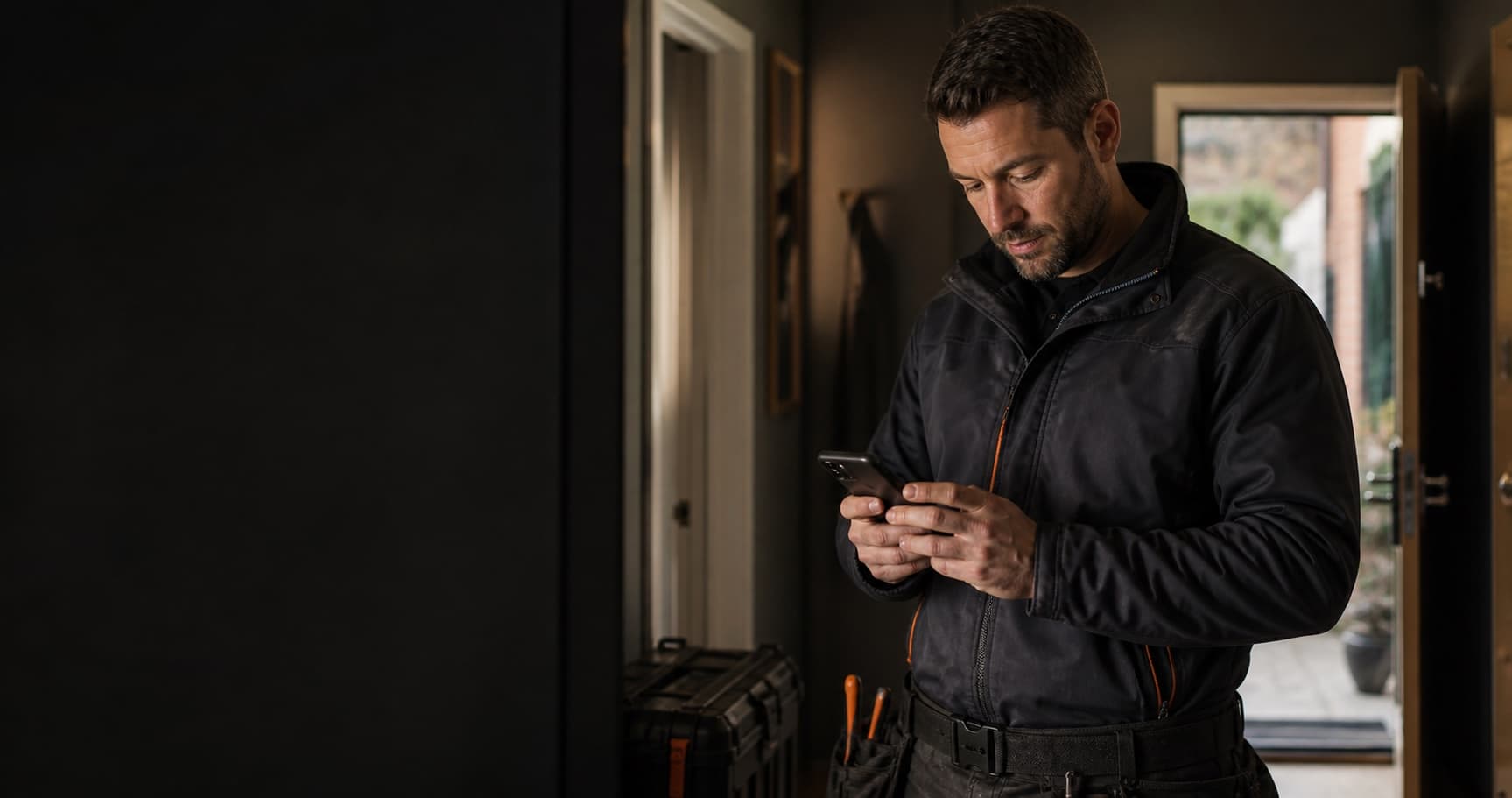 Illustrative campaign photograph of a field-service professional reviewing work details on a smartphone after a property visit.